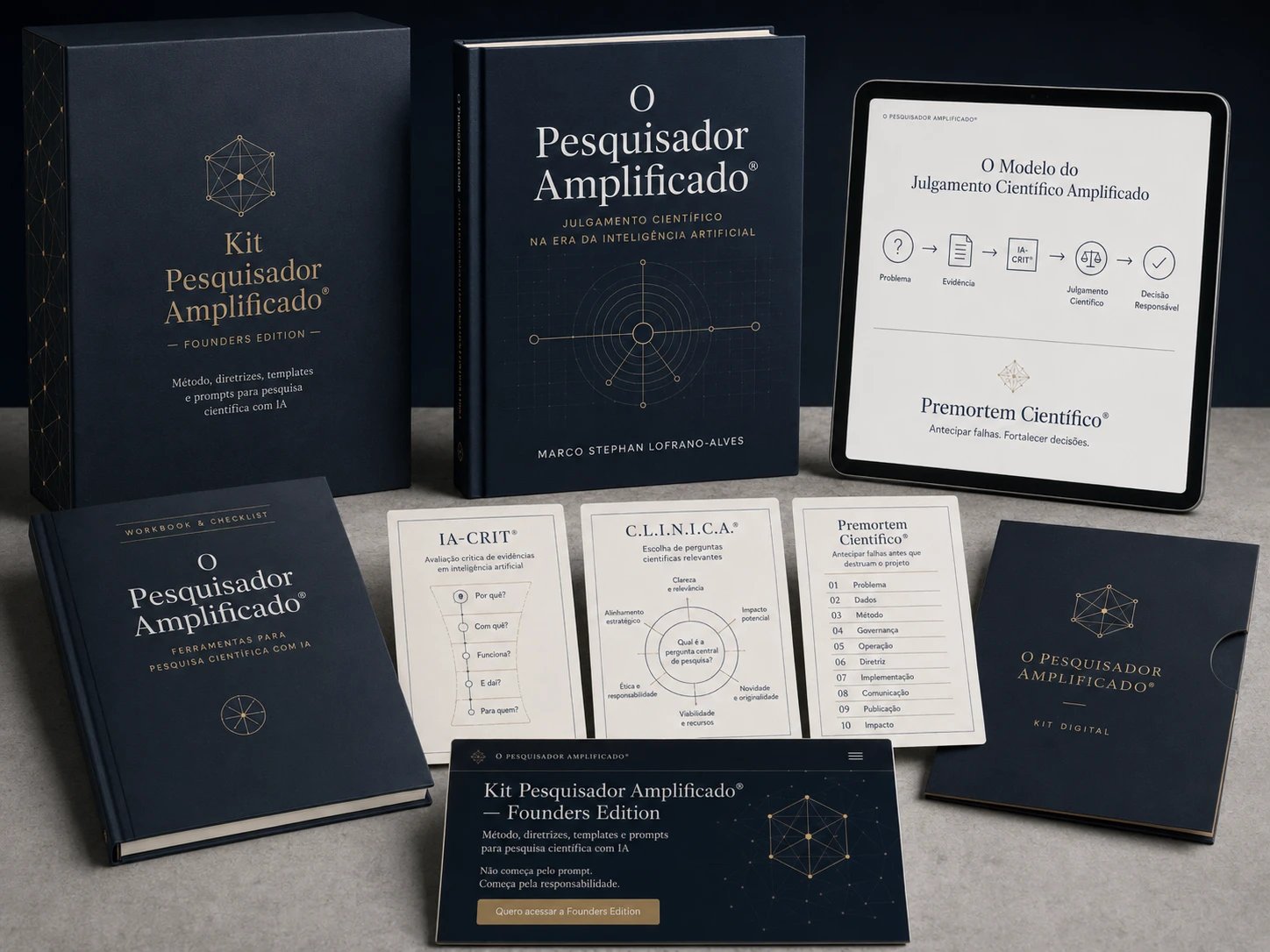 Mockup editorial premium do Kit Pesquisador Amplificado Founders Edition