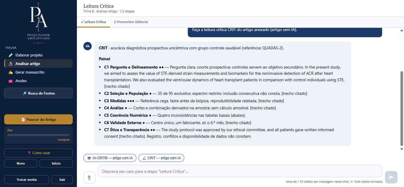 Tela do PA Coach na trilha Analisar artigo: painel de 7 domínios da leitura crítica CRIT com trechos citados