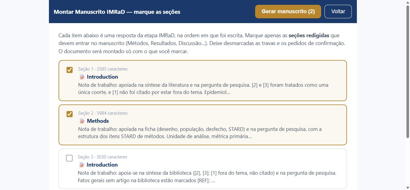 Tela do PA Coach de montagem do manuscrito IMRaD, com as seções marcadas para entrar no documento