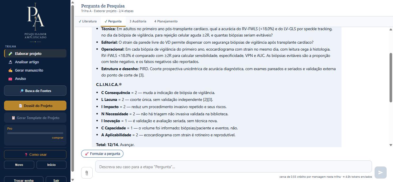 Tela do PA Coach na trilha Elaborar projeto: pergunta de pesquisa em três versões e avaliação C.L.I.N.I.C.A.